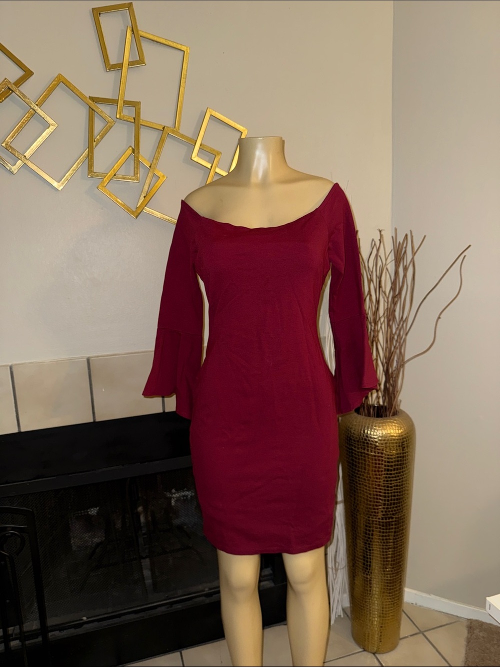 Lulu's One-Shoulder Burgundy Bell-Sleeve Dress